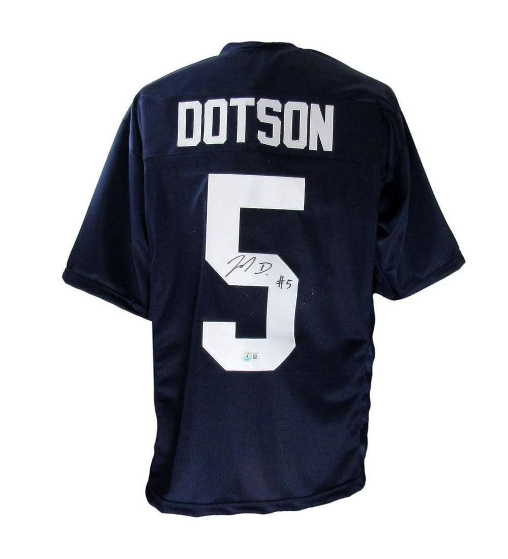 Jahan Dotson Autographed Navy Custom Football Jersey Penn State Beckett 177531: Jahan Dotson Autographed Navy Custom Football Jersey Penn State Beckett 177531 Jahan Dotson's signature adorns the chest of this navy custom football jersey, bearing the Penn State logo and official B