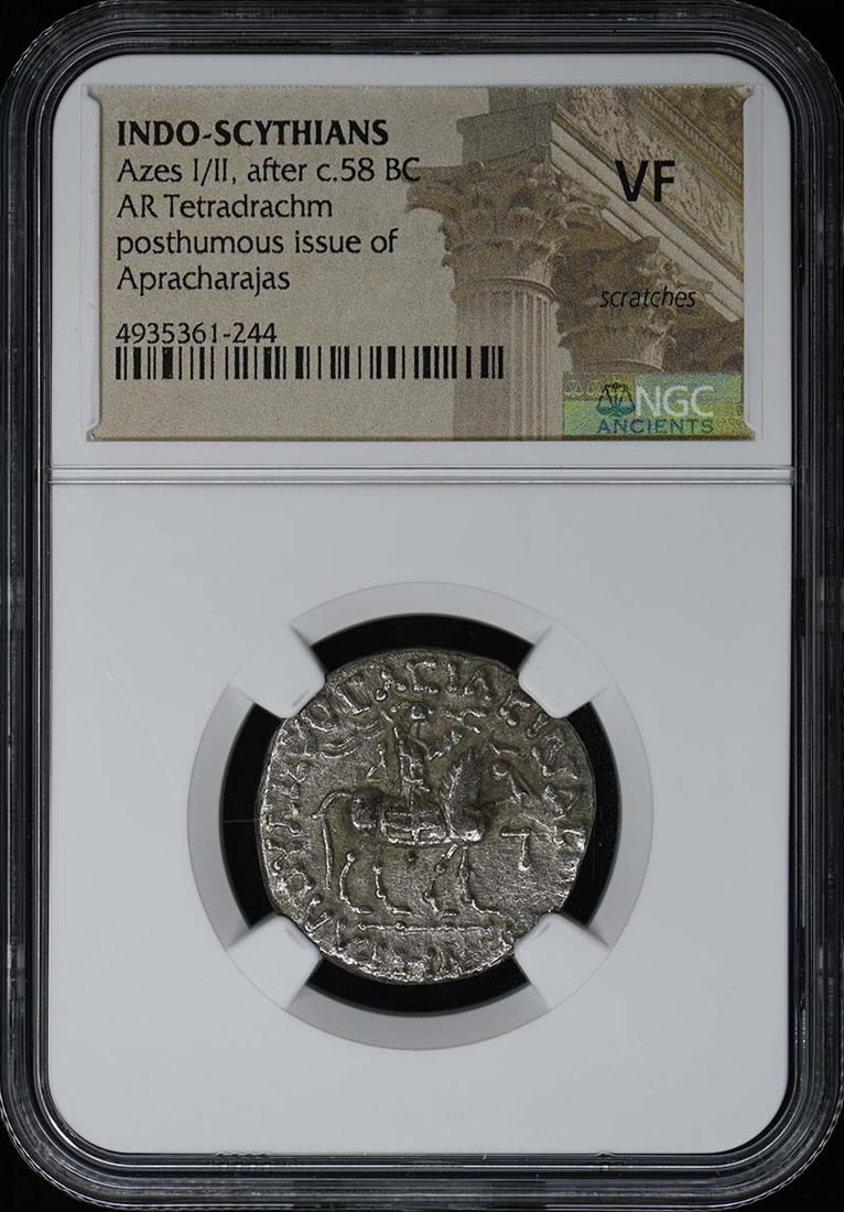 Azes I/ II, after c.58 BC INDO-SCYTHIANS AR Tetradrachm NGC VF: Azes I/ II, after c.58 BC INDO-SCYTHIANS AR Tetradrachm NGC VF Azes I/ II, after c.58 BC INDO-SCYTHIANS AR Tetradrachm NGC VF features a unique blend of ancient cultures, with the distinctive Azes I/I