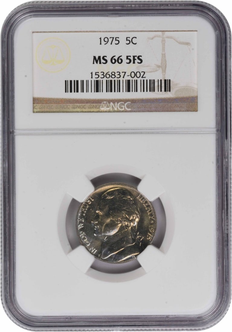 1975 Jefferson Nickel MS66 5FS NGC: 1975 Jefferson Nickel MS66 5FS NGC The 1975 Jefferson Nickel MS66 5FS NGC is an uncirculated coin with a high grade, showcasing excellent detail and luster. Certified by the Numismatic Guaranty Corpor