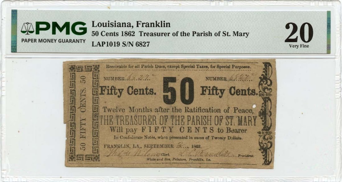 1862 50 Cents Franklin, Louisiana Obsolete Note Parish of Saint Mary PMG VF20: 1862 50 Cents Franklin, Louisiana Obsolete Note Parish of Saint Mary PMG VF20 Item Specifics: Certification: PMG Certification Number: 2356149041 Grade: VF20 Circulated/Uncirculated: Circulated Denomi