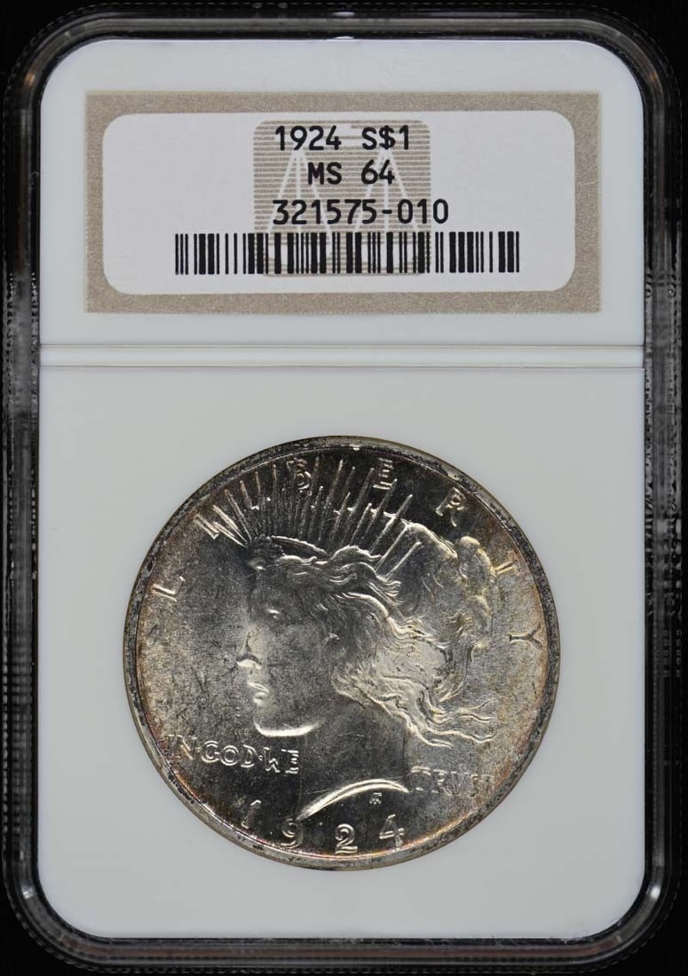 Peace Dollar S$1 NGC MS64: Peace Dollar S$1 NGC MS64 The 1924 Peace Dollar, certified by the Numismatic Guaranty Corporation (NGC) as MS64, showcases its impressive condition with a high level of detail and luster. This uncircu