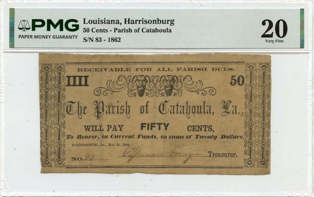 1862 50 Cents Harrisonburg, Louisiana Obsolete Note Parish of Catahoula PMG VF20: 1862 50 Cents Harrisonburg, Louisiana Obsolete Note Parish of Catahoula PMG VF20 This 1862 Obsolete Note from Harrisonburg, Louisiana features the Parish of Catahoula and boasts a PMG VF20 grade. As a