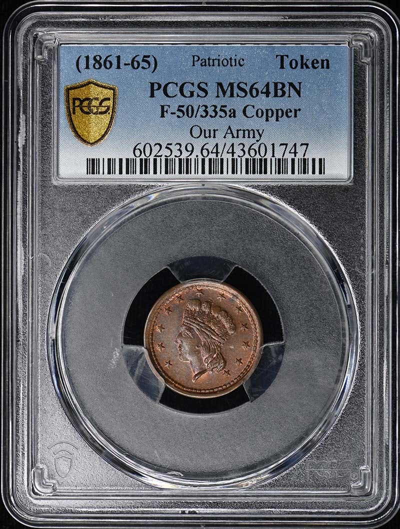CWT F-50/ 335 a OUR ARMY PCGS MS64BN: CWT F-50/ 335 a OUR ARMY PCGS MS64BN The CWT F-50/335 is a highly detailed coin featuring a PCGS MS64BN grade, indicating it's in near-mint condition with a beautiful bronze patina. This uncirculated 