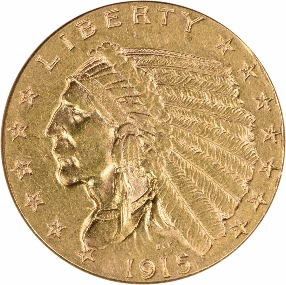 1915 $2.50 Gold Indian AU Slider Uncertified: 1915 $2.50 Gold Indian AU Slider Uncertified The 1915 $2.50 Gold Indian AU Slider Uncertified features a striking design by Bela Lyon Prat, with its 90% gold and 10% copper composition making it a uni