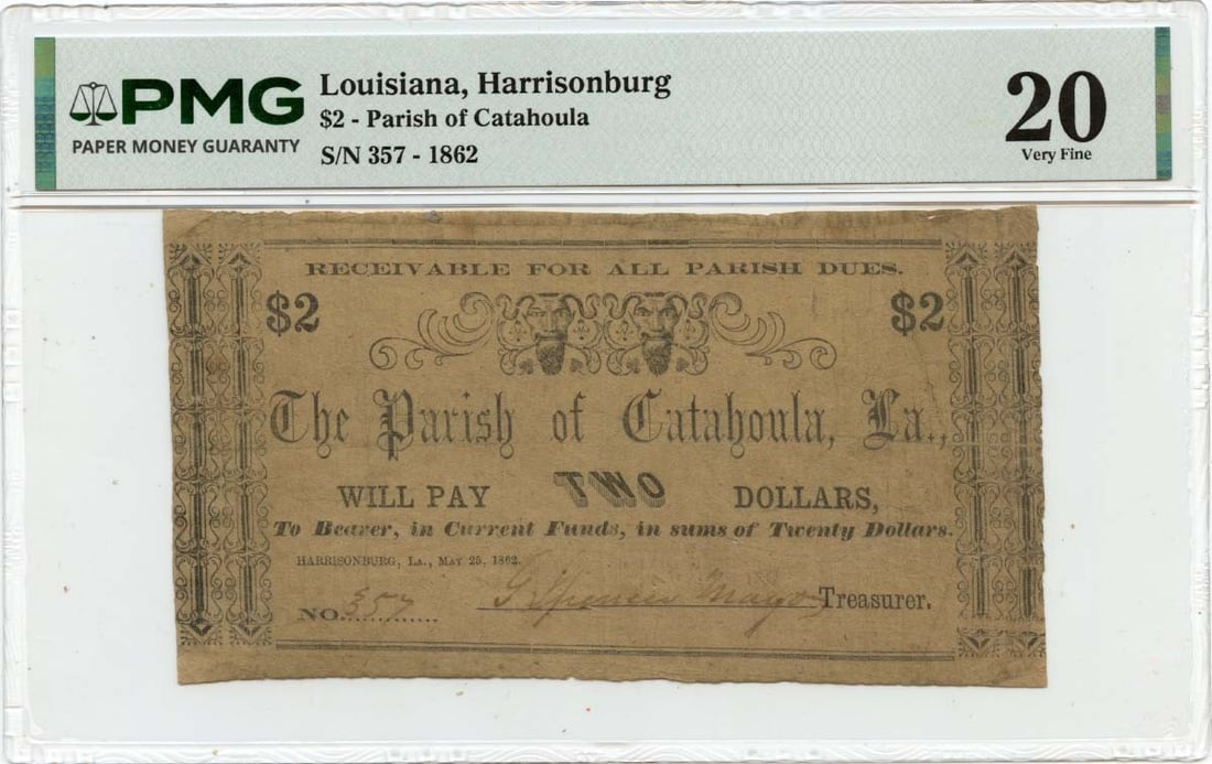1862 $2 Harrisonburg, Louisiana Obsolete Note Parish of Catahoula PMG VF20: 1862 $2 Harrisonburg, Louisiana Obsolete Note Parish of Catahoula PMG VF20 The 1862 $2 Harrisonburg, Louisiana Obsolete Note features a unique design and historical significance. Certified by PMG as V