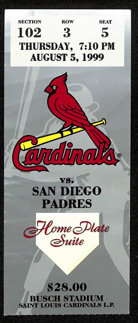 Mark McGwire 500th Home Run Ticket Stub 8/ 5/ 1999 Cardinals vs. Padres 194098: Mark McGwire 500th Home Run Ticket Stub 8/ 5/ 1999 Cardinals vs. Padres 194098 Mark McGwire's historic 500th home run was celebrated on August 5, 1999, at Busch Memorial Stadium in St. Louis, Missouri