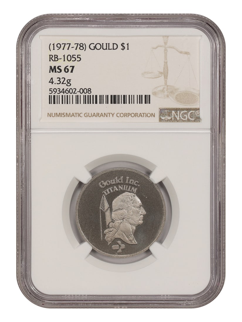 (1977-78) Gould $1 NGC MS67 (Titanium, RB-1055, 4.32g) - Colonials: (1977-78) Gould $1 NGC MS67 (Titanium, RB-1055, 4.32g) - Colonials The 1977-78 Gould $1 NGC MS67 is a highly graded copper colonial coin, certified by the Numismatic Guaranty Corporation (NGC). With i