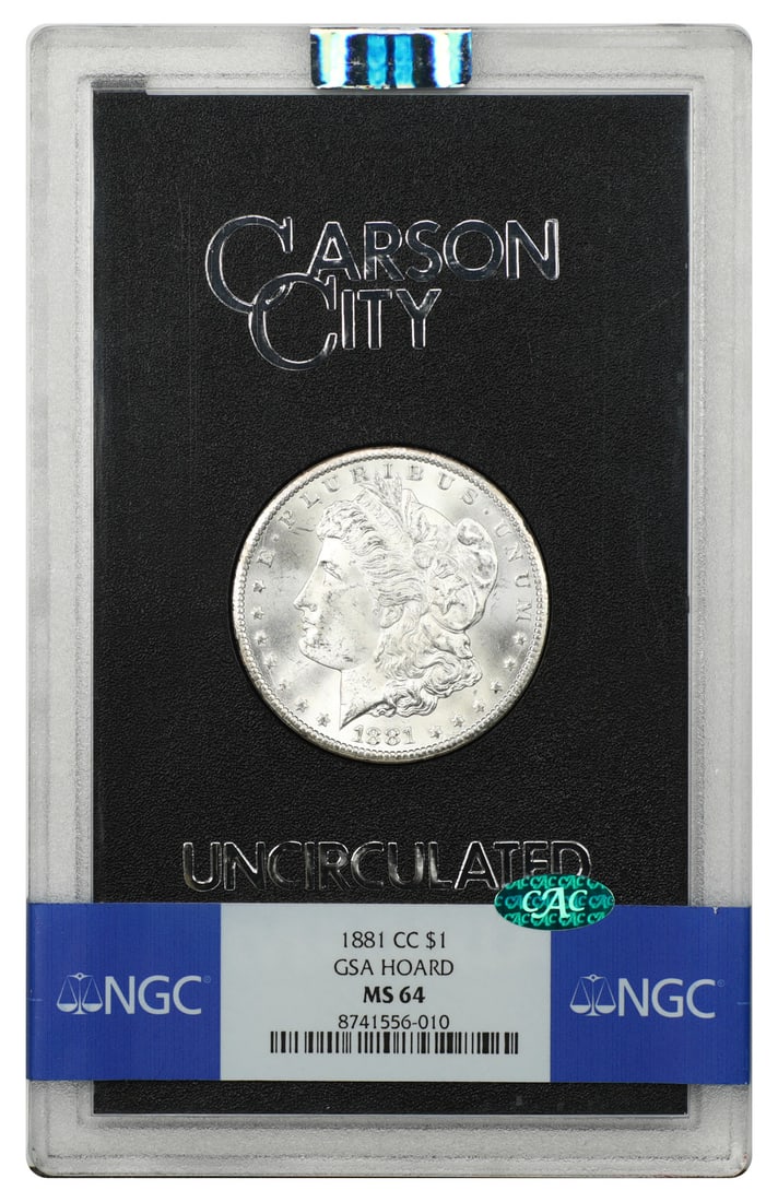 GSA: 1881-CC $1 NGC/ CAC MS64 - Morgan Dollar - Better CC-Mint Dollar: GSA: 1881-CC $1 NGC/ CAC MS64 - Morgan Dollar - Better CC-Mint Dollar 1881-CC $1 Morgan Dollar, certified MS64 by NGC and accepted by CAC. This uncirculated coin showcases the distinctive CC mint mark