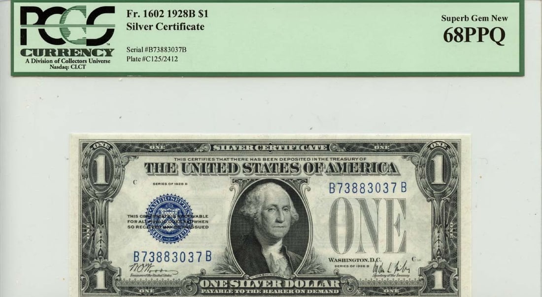1928B $1 Silver Certificate Blue Seal FR#1602 PCGS Superb Gem 68 PPQ: 1928B $1 Silver Certificate Blue Seal FR#1602 PCGS Superb Gem 68 PPQ MS68 Circulated/Uncirculated: Uncirculated, PCGS Superb Gem 68 PPQ. This 1928B $1 Silver Certificate features a stunning blue seal 