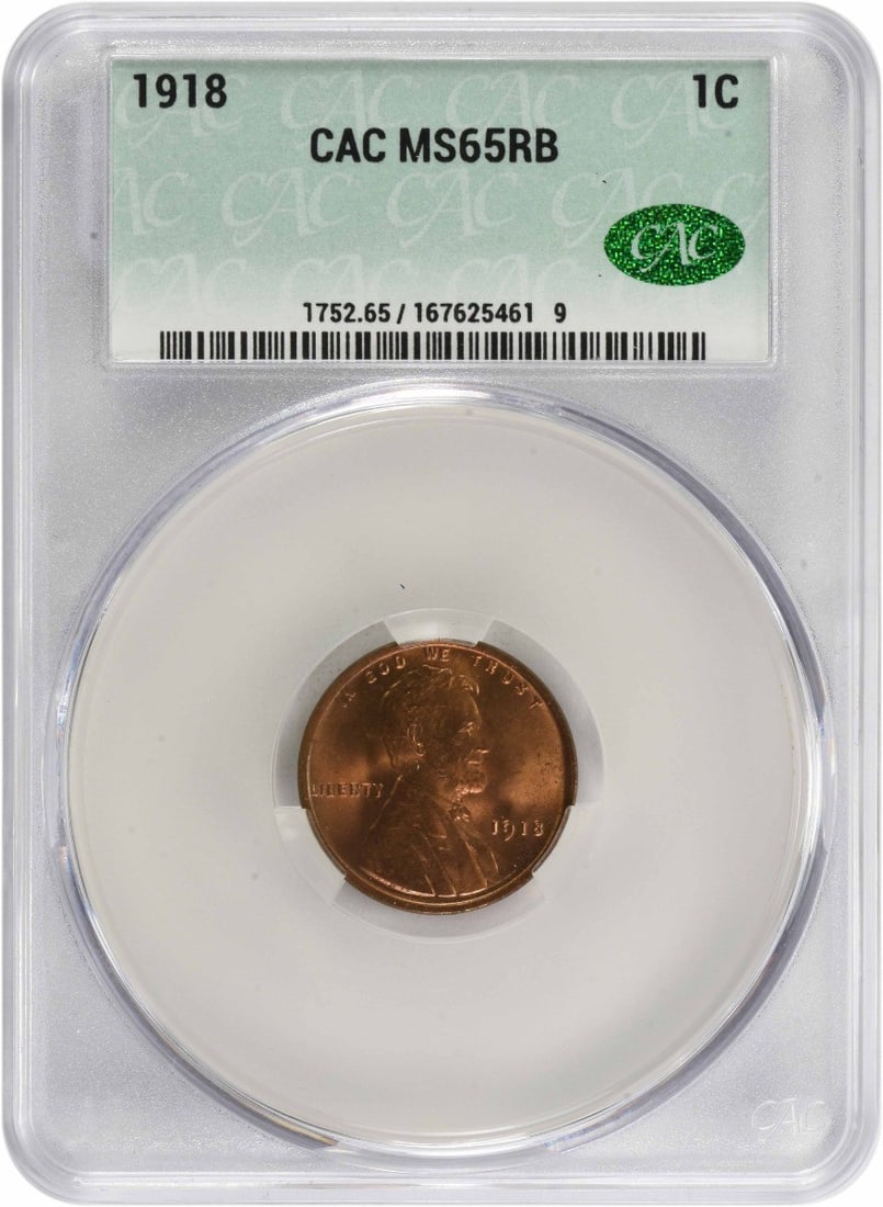 1918 Lincoln Cent MS65RB CACG: 1918 Lincoln Cent MS65RB CACG The 1918 Lincoln Cent MS65RB CACG features a high-grade, uncirculated condition with a rich copper color and well-defined details. With its circulated grade and Km number