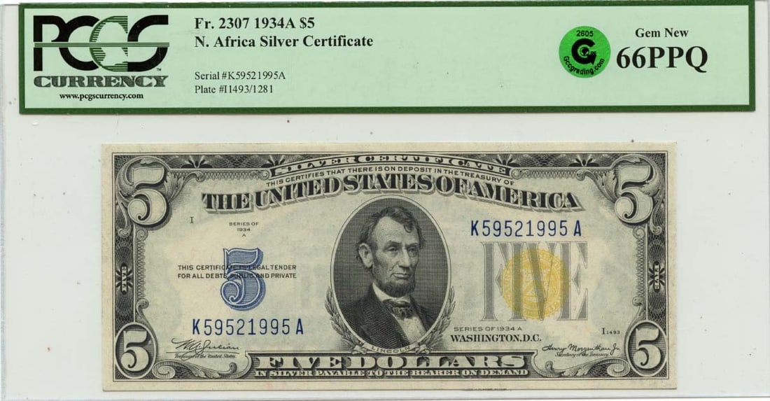 1934A $5 North Africa WWII Emergency Issue FR#2307 PCGS GEM 66 EPQ GCC Green: 1934A $5 North Africa WWII Emergency Issue FR#2307 PCGS GEM 66 EPQ GCC Green The 1934A $5 North Africa WWII Emergency Issue, graded MS66 by PCGS, boasts exceptional condition with a rich green patina.
