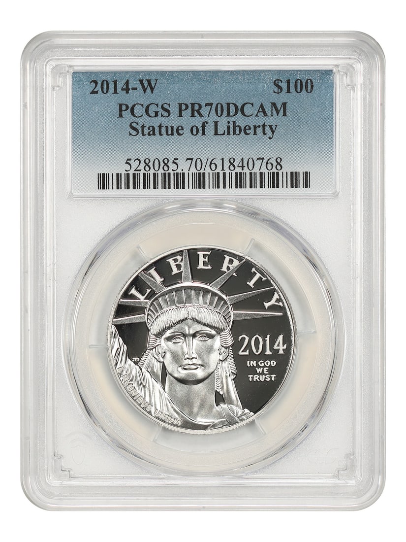 2014-W $100 Statue of Liberty PCGS PR70DCAM - $100 Platinum Eagles: 2014-W $100 Statue of Liberty PCGS PR70DCAM - $100 Platinum Eagles 2014-W $100 Statue of Liberty PCGS PR70DCAM - $100 Platinum Eagles. This uncirculated $100 platinum eagle, certified by the Professio