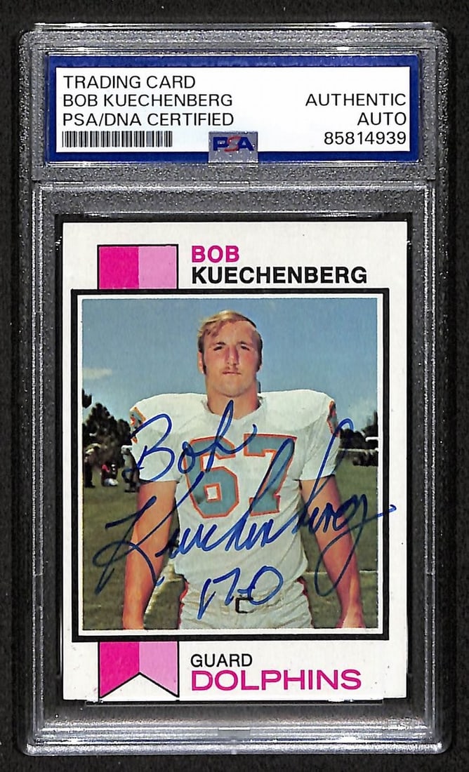 Kuechenberg signed card dolphins topps 1973 autographed 367 ba209448 psa dna: Kuechenberg signed card dolphins topps 1973 autographed 367 ba209448 psa dna Kuechenberg signed card dolphins Topps 1973 autographed, graded by PSA DNA. This rare football card features the signature 