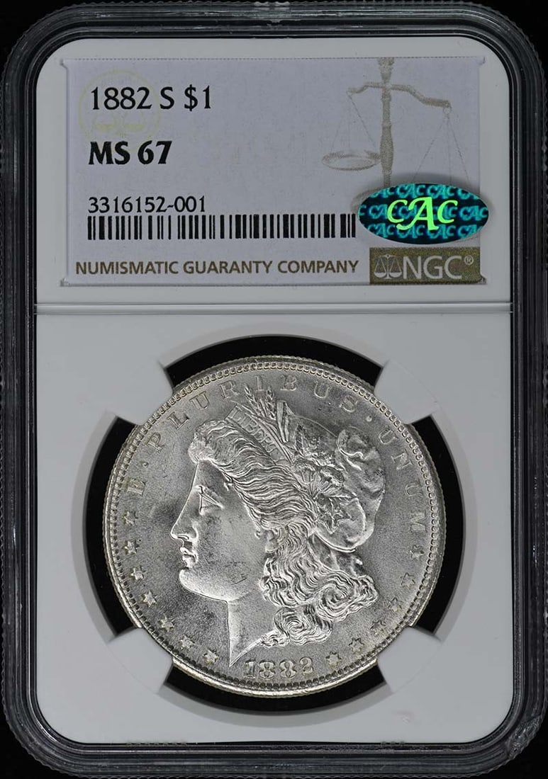 1882-S Morgan Dollar S$1 NGC MS67 (CAC): 1882-S Morgan Dollar S$1 NGC MS67 (CAC) The 1882-S Morgan Dollar S$1 NGC MS67 (CAC) boasts an impressive grade of MS67, indicating exceptional condition and minimal wear. Certified by the Numismatic G