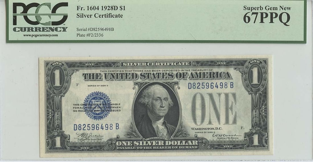1928D $1 Silver Certificate FR# 1604 PCGS 67 PPQ Superb Gem New: 1928D $1 Silver Certificate FR# 1604 PCGS 67 PPQ Superb Gem New The 1928D $1 Silver Certificate, graded MS67 by PCGS, boasts exceptional condition with its circulated/uncirculated designation. This Su