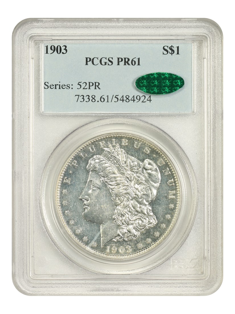 PR61 Morgan Dollar PCGS/ CAC 1903: PR61 Morgan Dollar PCGS/ CAC 1903 The PR61 Morgan Dollar, certified by PCGS and CAC, showcases its exceptional condition with a grade of 61. This 1903 Philadelphia Mint coin is a rare example of the s