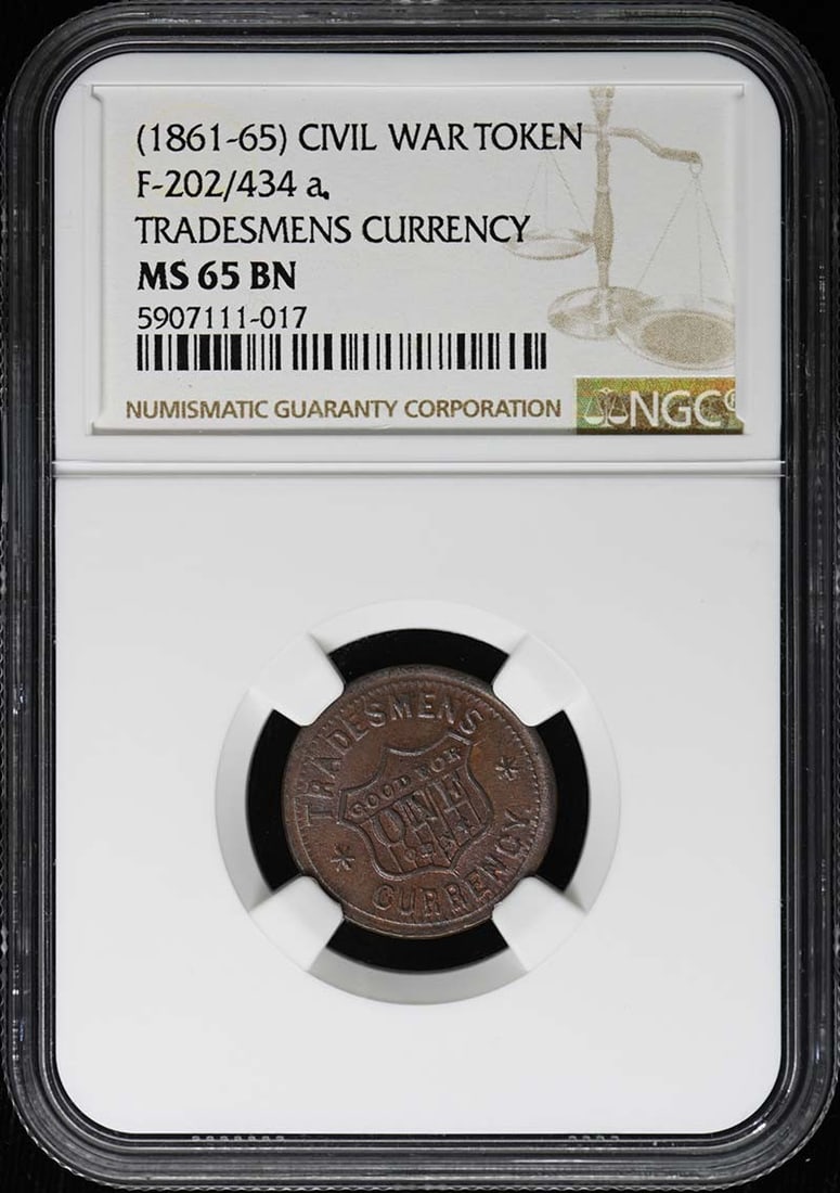 (1861-65) CIVIL WAR F-202/ 434 a TOKEN NGC MS65BN: (1861-65) CIVIL WAR F-202/ 434 a TOKEN NGC MS65BN The F-202/434 token, graded MS65BN by the NGC, dates back to 1861 and features an uncirculated condition. This rare Civil War-era token showcases exce