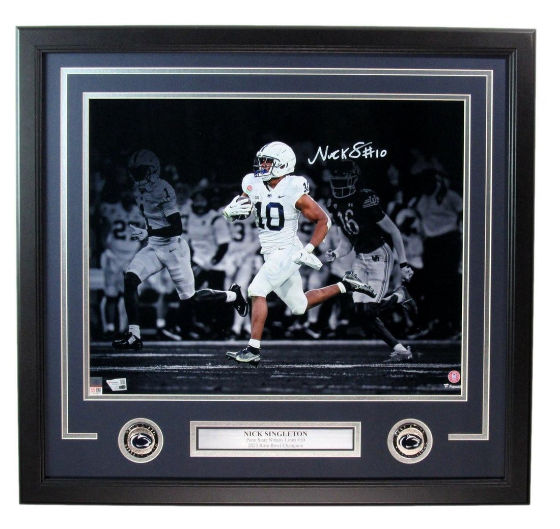 Nick Singleton Autographed 16x20 Photo Penn State Framed Fanatics 180800: Nick Singleton Autographed 16x20 Photo Penn State Framed Fanatics 180800 Nick Singleton's autographed 16x20 photo, expertly framed by Fanatics Authentic, offers a unique opportunity for Penn State foo