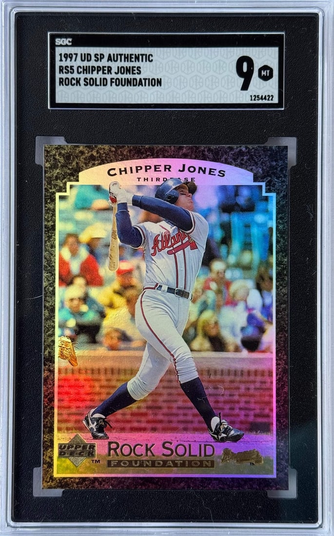 1997 Upper Deck Rock Solid Foundation Chipper Jones #RS5 Stunning SGC 9: 1997 Upper Deck Rock Solid Foundation Chipper Jones #RS5 Stunning SGC 9 SGC 9 graded, stunning condition, and highly sought after by collectors, this 1997 Upper Deck Rock Solid Foundation Chipper Jone