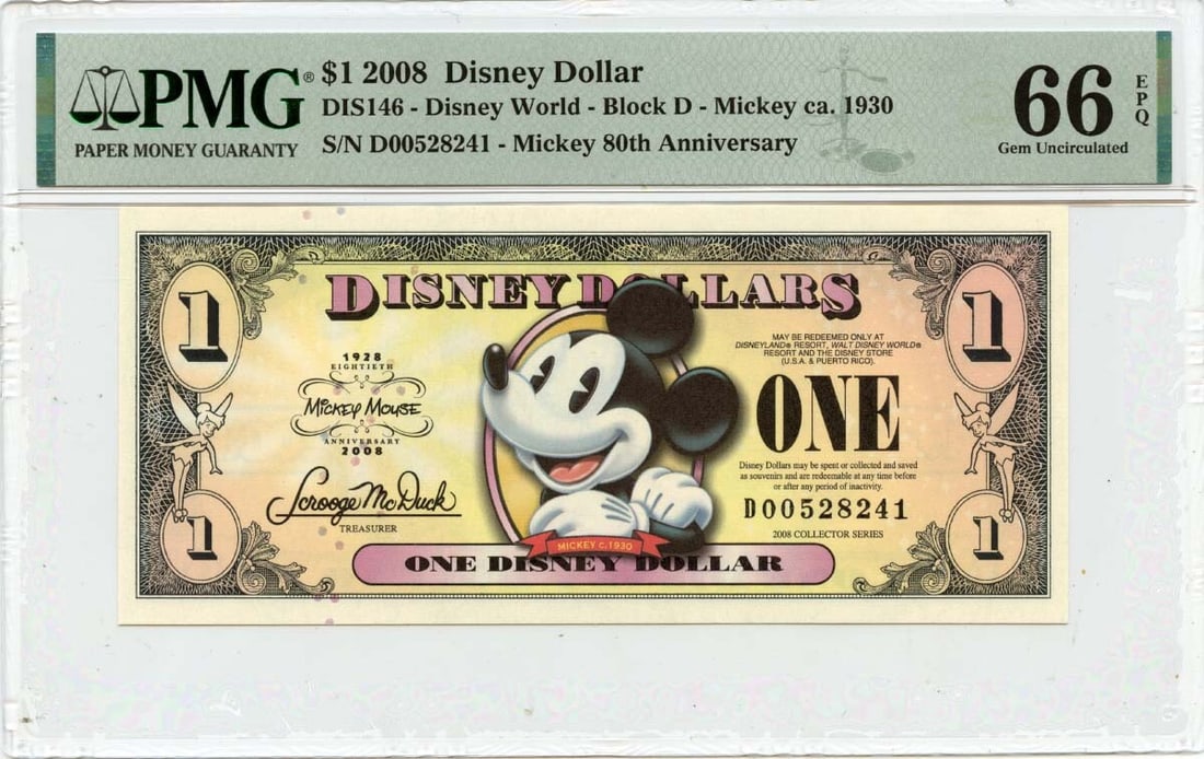 2008 $1 Disney Dollar Mickey 80th Anniv DIS146 PMG Gem66 EPQ: 2008 $1 Disney Dollar Mickey 80th Anniv DIS146 PMG Gem66 EPQ The 2008 $1 Disney Dollar, featuring Mickey Mouse, boasts a stunning MS66 grade from PMG, indicating exceptional condition. This uncirculat