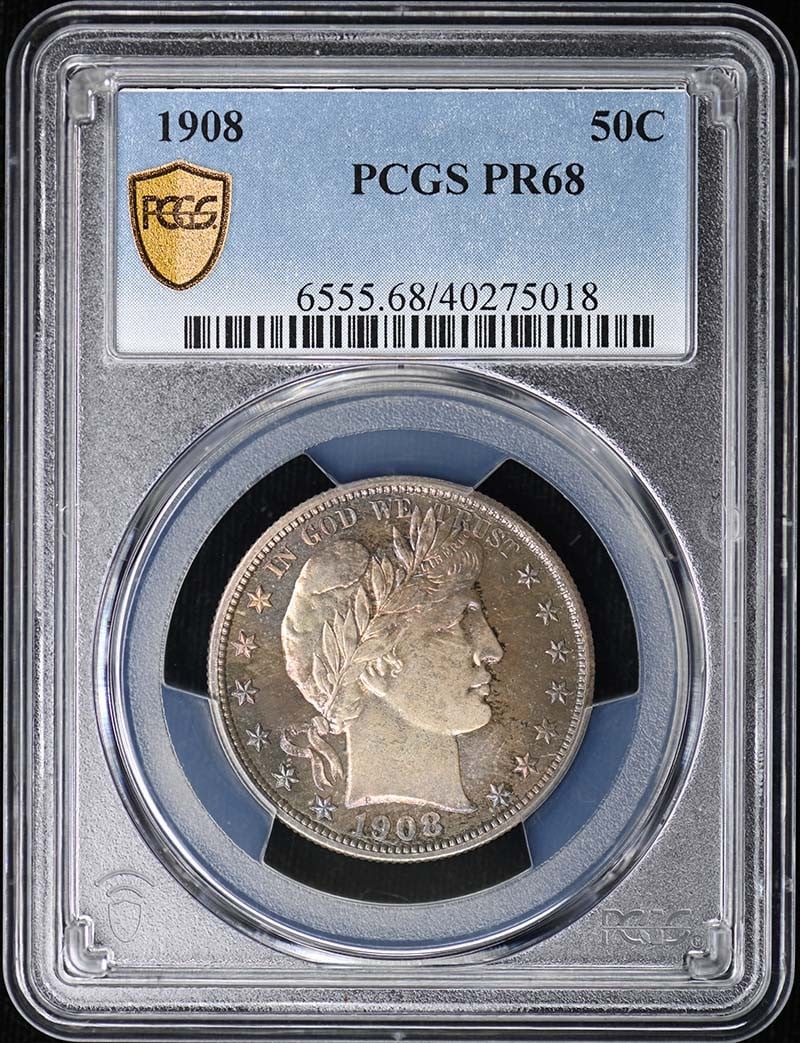 1908 50C Barber Half Dollar PCGS PR68: 1908 50C Barber Half Dollar PCGS PR68 The 1908 50C Barber Half Dollar, graded PR68 by PCGS, showcases exceptional proof quality with crisp details and minimal wear. Certified as uncirculated, this coi