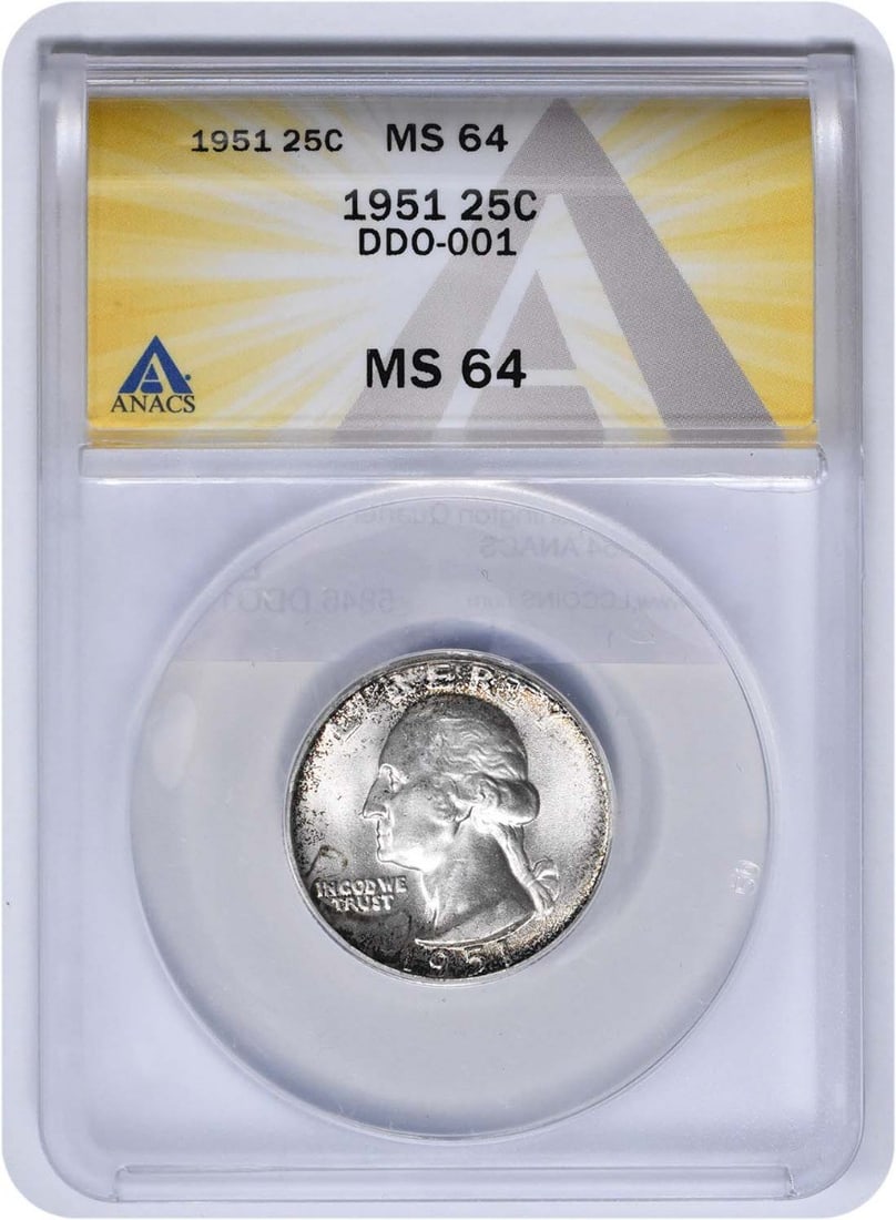 1951 Washington Silver Quarter DDO 1 MS64 ANACS: 1951 Washington Silver Quarter DDO 1 MS64 ANACS The 1951 Washington Silver Quarter boasts an impressive MS64 grade, showcasing exceptional detail and luster. Certified by ANACS as Uncirculated, this c