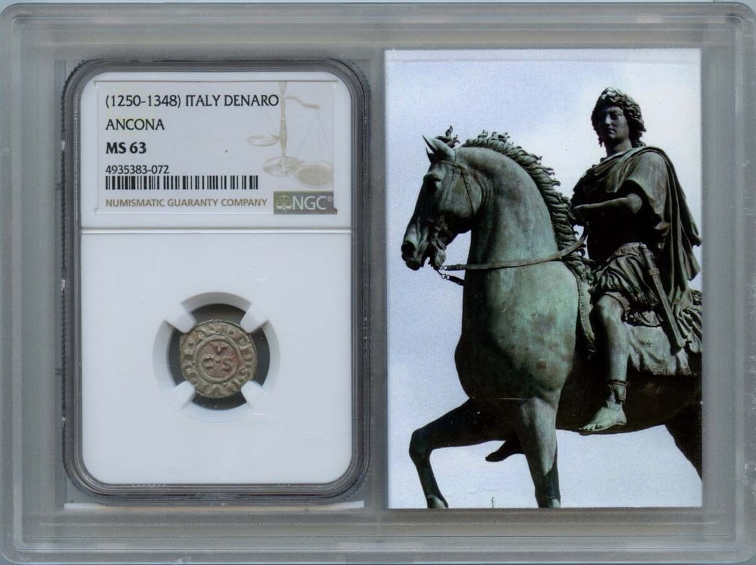 NGC MS63 Denaro Story Vault Italy Ancona 1250 1348: NGC MS63 Denaro Story Vault Italy Ancona 1250 1348 MS63 Denaro from the NGC Story Vault in Italy, dated to Ancona 1250-1348. This uncirculated coin features a unique blend of historical significance a