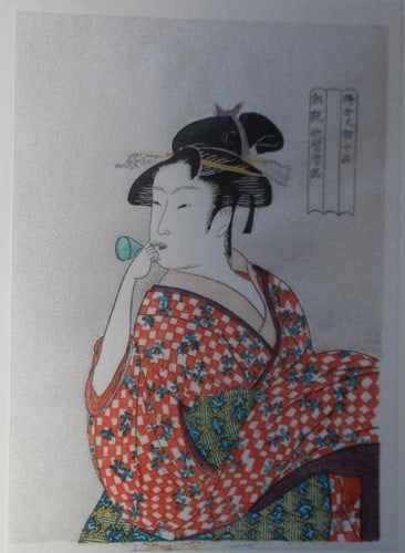 Kitagawa Utamaro Woodblock Print Girl Blowing Glass Pipe Poppin Japanese Art (1 of 1)