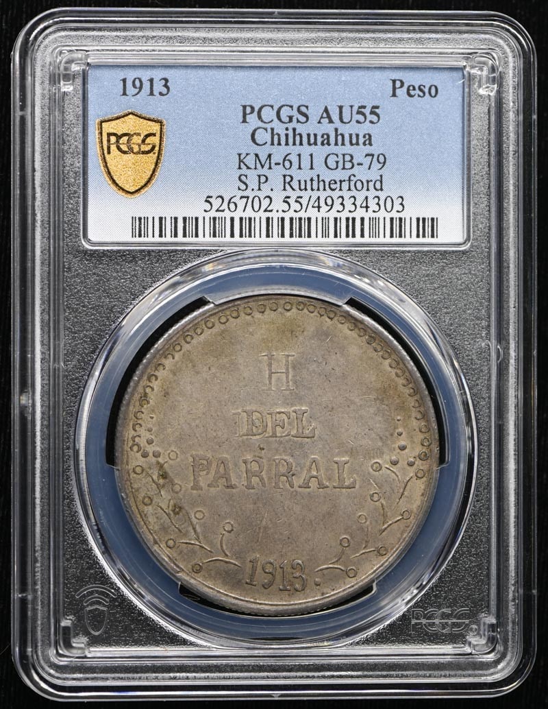 1913 Chihuahua Mexico KM 611 GB -79 Peso PCGS AU55: 1913 Chihuahua Mexico KM 611 GB -79 Peso PCGS AU55 1913 Chihuahua Mexico KM 611 GB -79 Peso PCGS AU55, a circulated coin from the early days of Mexican currency, boasts an impressive grade of AU55. Th