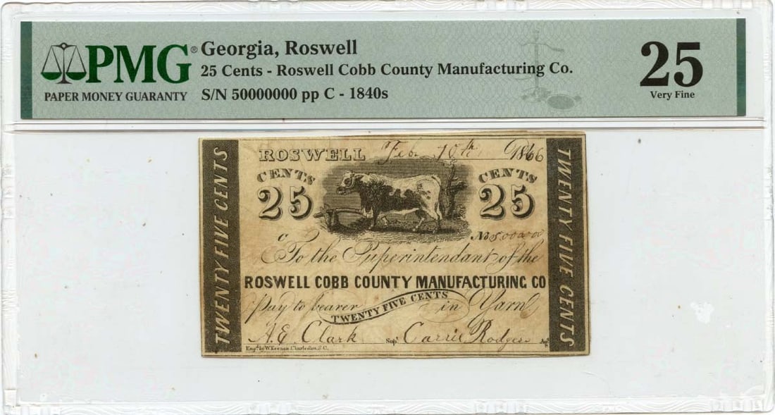 1840s 25 Cents Roswell, Georgia Obsolete Cobb County Manufacturing Co PMG VF25: 1840s 25 Cents Roswell, Georgia Obsolete Cobb County Manufacturing Co PMG VF25 The 1840s 25 Cents Obsolete Note from the Cobb County Manufacturing Co in Roswell, Georgia boasts its unique certificatio