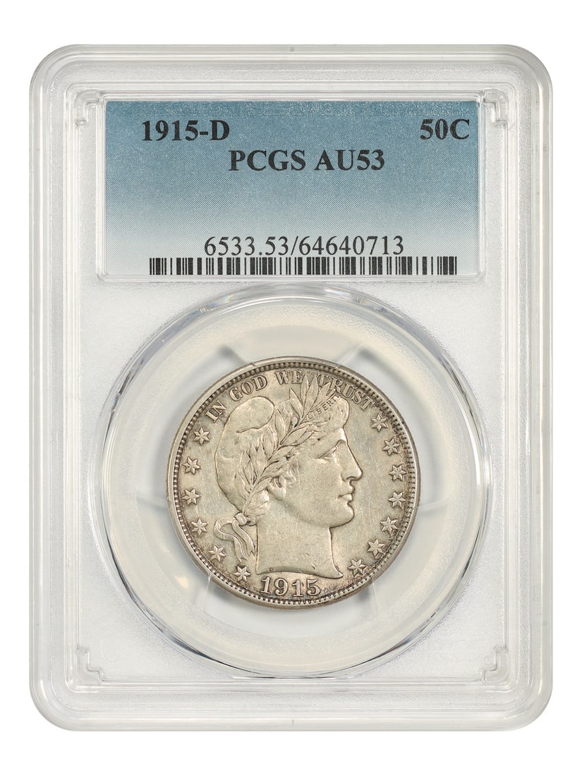 1915-D 50C PCGS AU53 - Barber Half Dollar: 1915-D 50C PCGS AU53 - Barber Half Dollar The 1915-D Barber Half Dollar, graded AU53 by PCGS, showcases its circulated condition with subtle wear and minor imperfections. This Denver Mint coin, dated 