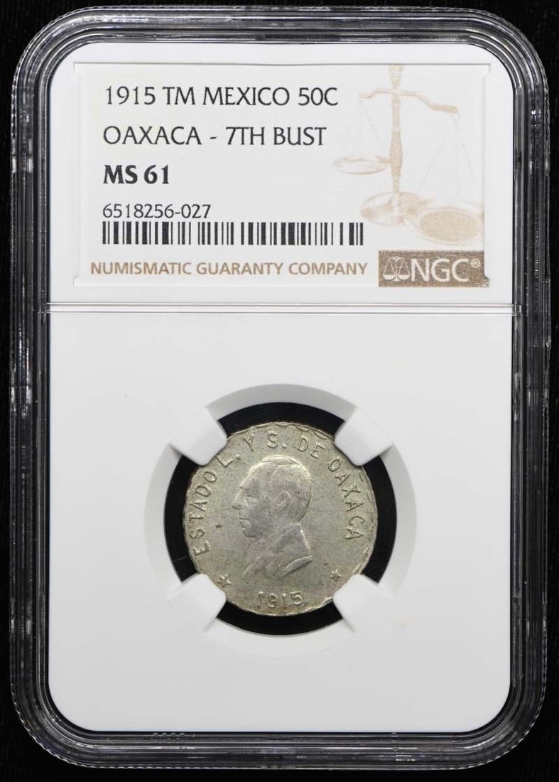1915 TM MEXICO OAXACA 7TH BUST KM-736 GB-33750C NGC MS61: 1915 TM MEXICO OAXACA 7TH BUST KM-736 GB-33750C NGC MS61 The 1915 TM MEXICO OAXACA 7TH BUST KM-736 GB-33750C NGC MS61 is a highly detailed and intricately designed coin, featuring a striking bust of a
