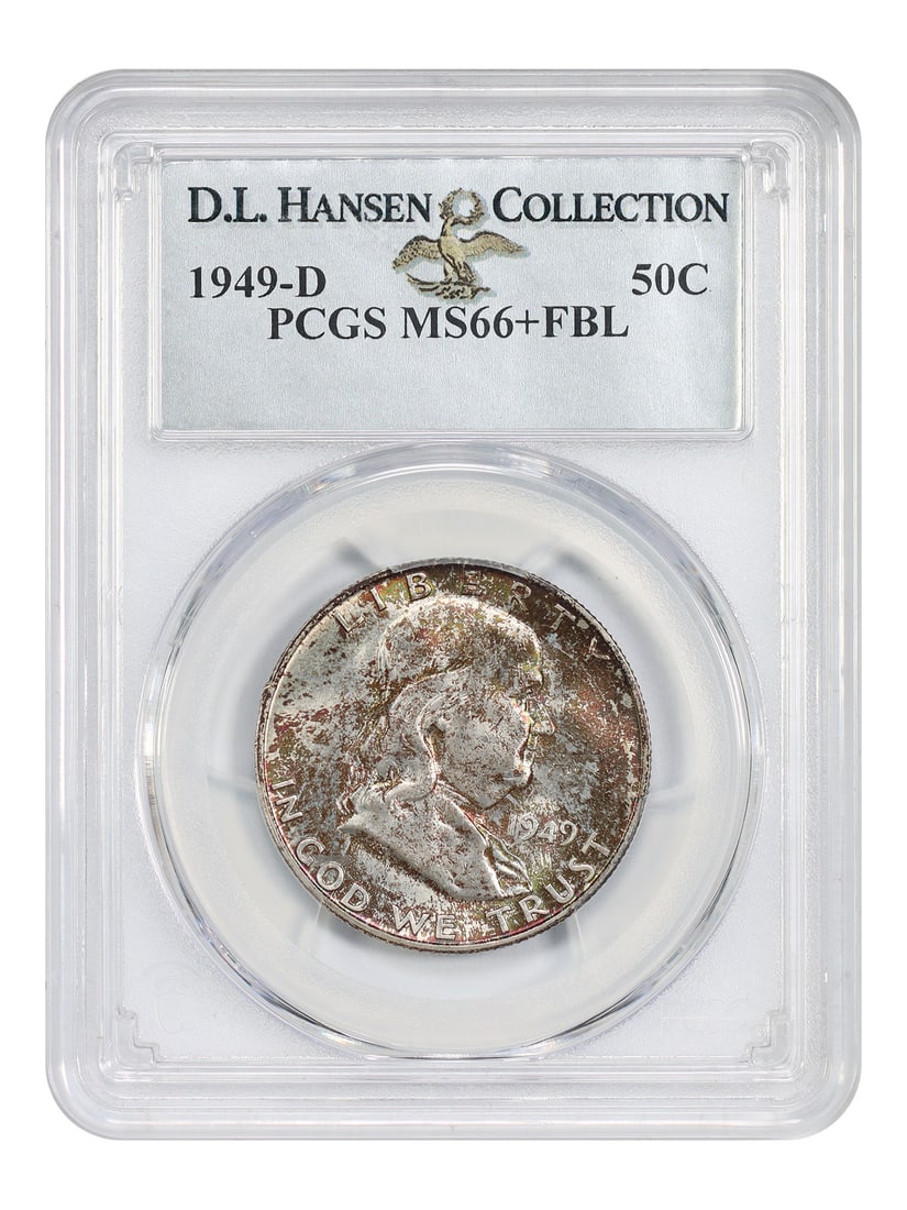 1949-D 50C PCGS MS66+FBL: 1949-D 50C PCGS MS66+FBL 1949-D 50C PCGS MS66+FBL, certified by the Professional Coin Grading Service (PCGS) as an MS66 coin with a Full Beauty Label (FBL), showcases exceptional condition and detail.