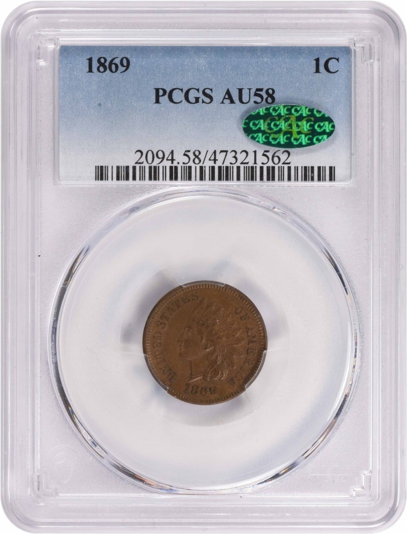 1869 Indian Cent AU58 PCGS (CAC): 1869 Indian Cent AU58 PCGS (CAC) The 1869 Indian Cent, graded AU58 by PCGS, bears the hallmark of its circulated condition. Certified by the prestigious Professional Coin Grading Service (PCGS), this 