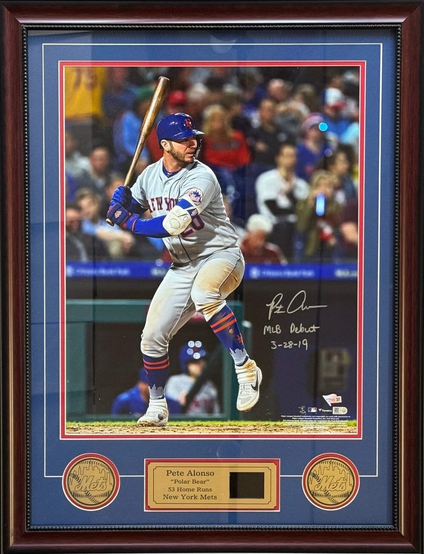 Pete Alonso Autographed 16x20 Baseball Framed Photo (MLB & Fanatics): Pete Alonso Autographed 16x20 Baseball Framed Photo (MLB & Fanatics) Pete Alonso's impressive swing has captured the hearts of fans nationwide, and now you can own a piece of his MLB legacy with this 