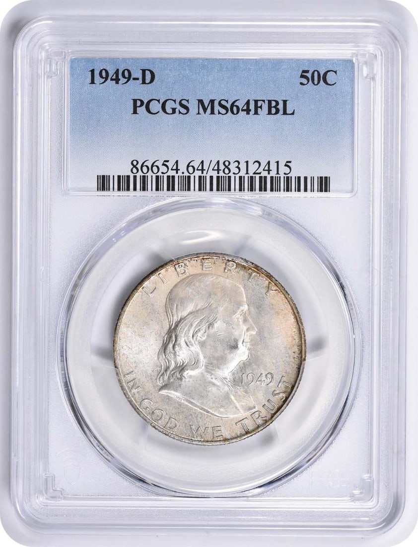 1949-D Franklin Silver Half Dollar MS64FBL PCGS Toned: 1949-D Franklin Silver Half Dollar MS64FBL PCGS Toned The 1949-D Franklin Silver Half Dollar MS64FBL PCGS Toned boasts an impressive toning effect, giving it a unique appearance. Certified by the PCGS