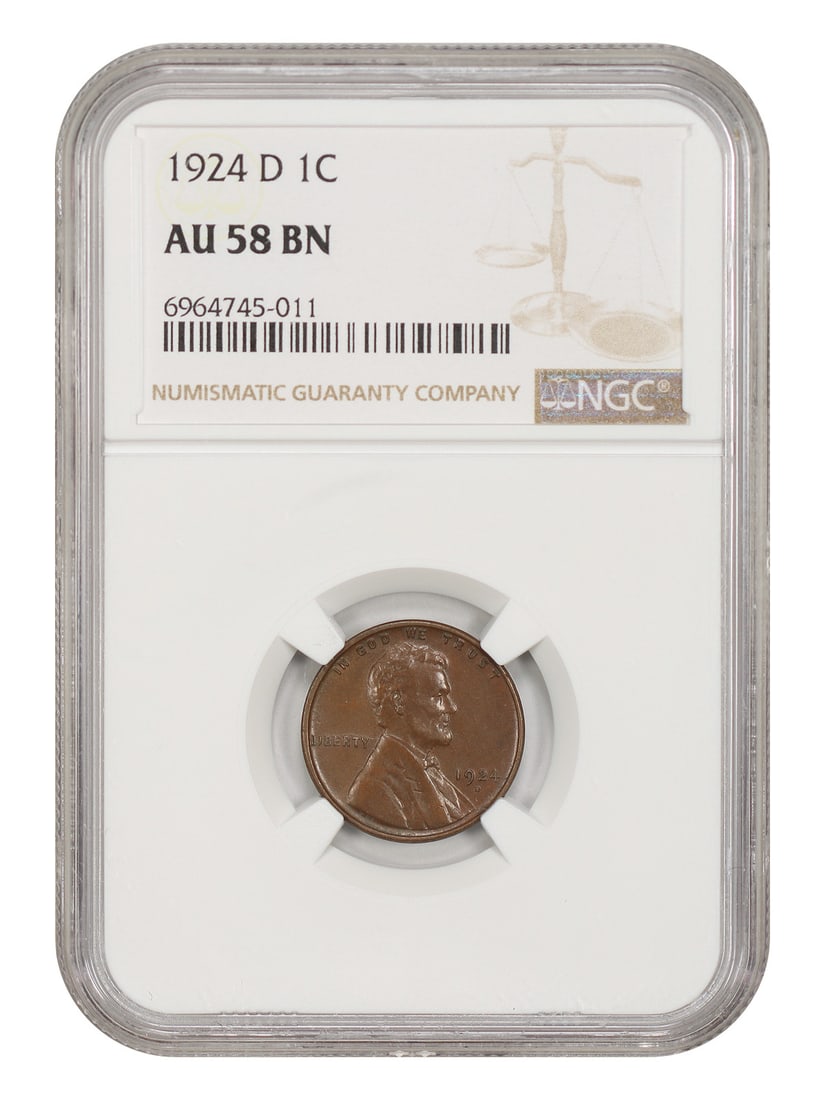 1924-D 1C NGC AU58 - Lincoln Cent (Wheat Reverse) - Low Mintage Date: 1924-D 1C NGC AU58 - Lincoln Cent (Wheat Reverse) - Low Mintage Date 1924-D Lincoln Cent with its distinctive Wheat Reverse design, featuring a low mintage date that sets it apart from more common yea
