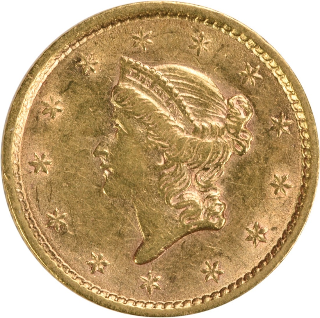 Gold type slider uncertified 1852 $1 Au: Gold type slider uncertified 1852 $1 Au The 1852 $1 Gold Type Slider features a striking design by James Barton Longacre, with its reeded edge and classic gold composition. Made from 90% gold and 10% 