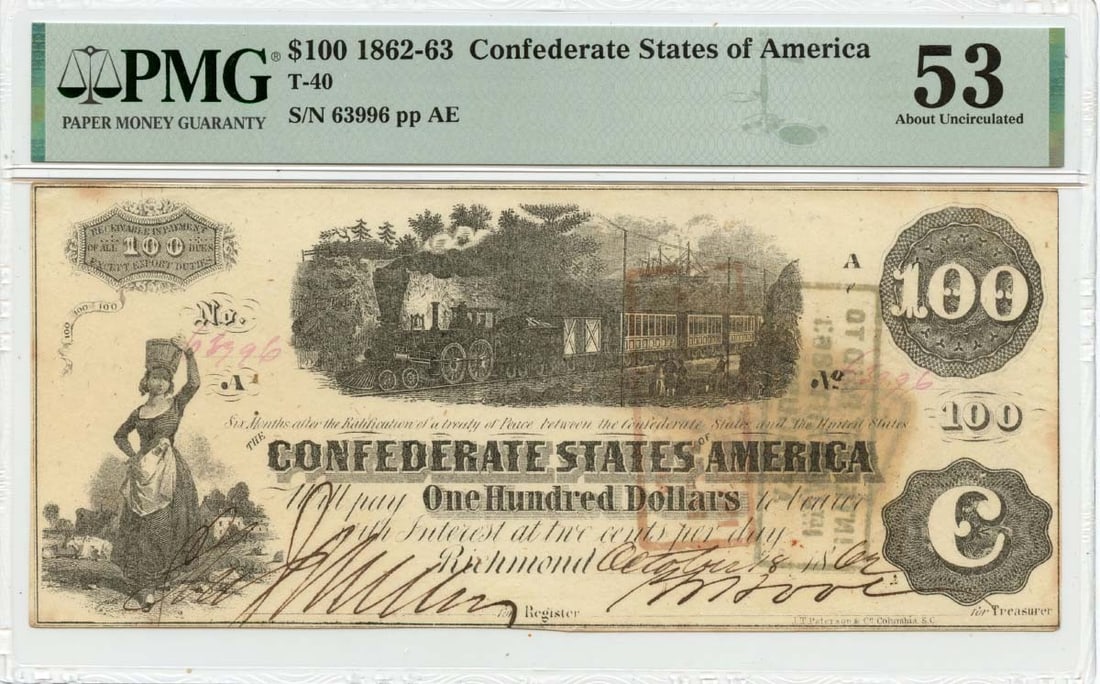 1862 $100 Confederate States of America T-40 CSA PMG AU53: 1862 $100 Confederate States of America T-40 CSA PMG AU53 The 1862 $100 Confederate States of America T-40, graded AU53 by PMG, is a circulated example of the denomination. This note bears the signatu