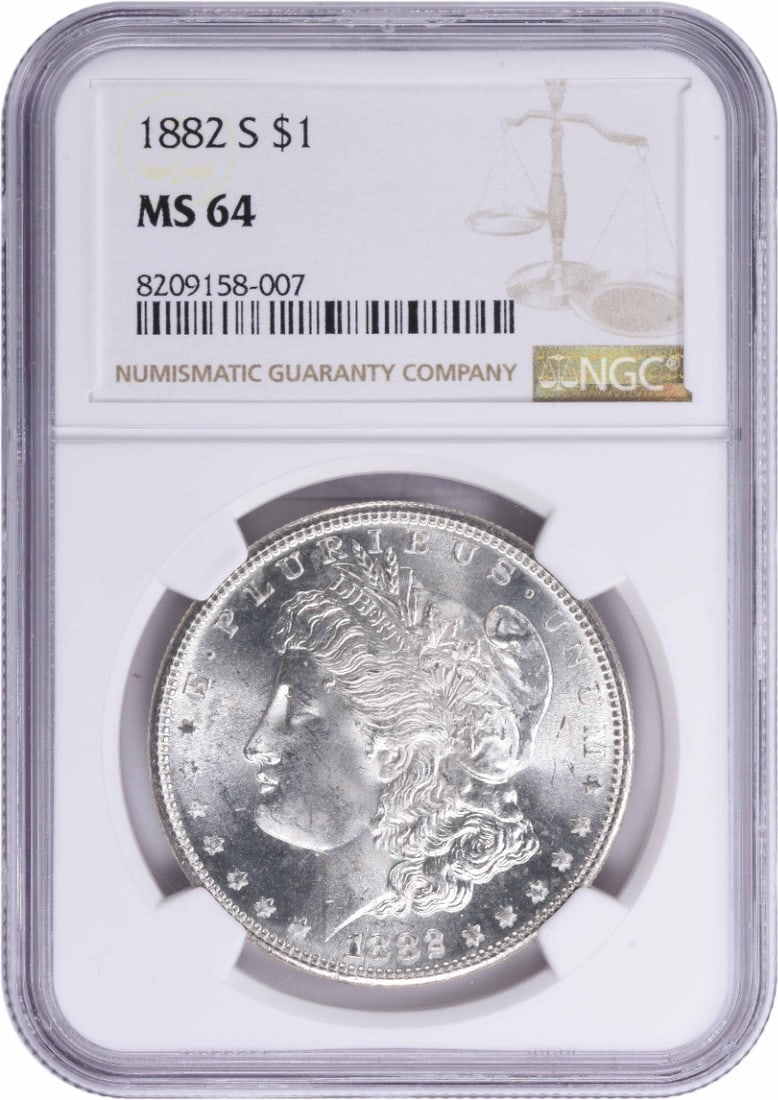 Morgan Silver Dollar 1882 S MS64 NGC: Morgan Silver Dollar 1882 S MS64 NGC The 1882 S Morgan Silver Dollar, graded MS64 by the NGC, boasts an attractive Uncirculated condition and a striking San Francisco mint mark. Its intricate design, 