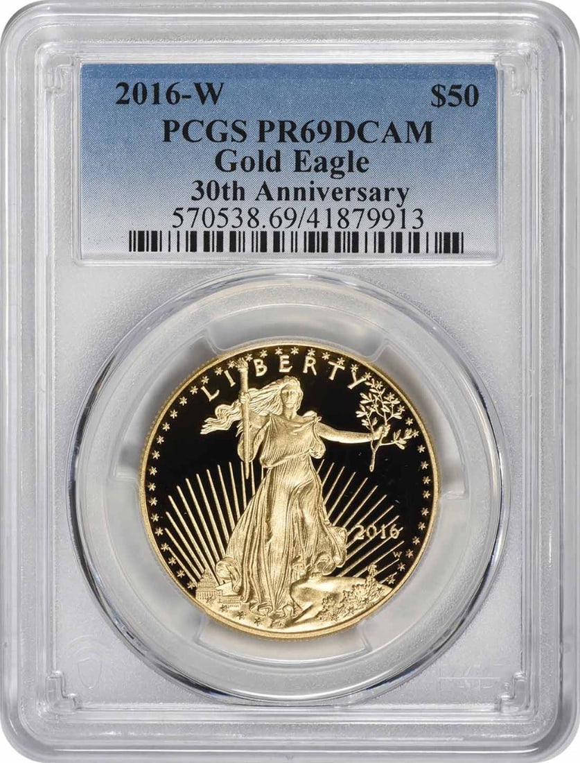 $50 American Gold Eagle 2016-W PR69DCAM PCGS 30th Anniversary: $50 American Gold Eagle 2016-W PR69DCAM PCGS 30th Anniversary The 2016-W American Gold Eagle, graded PR69DCAM by PCGS, showcases the U.S. Mint's attention to detail with its reeded edge and precise we