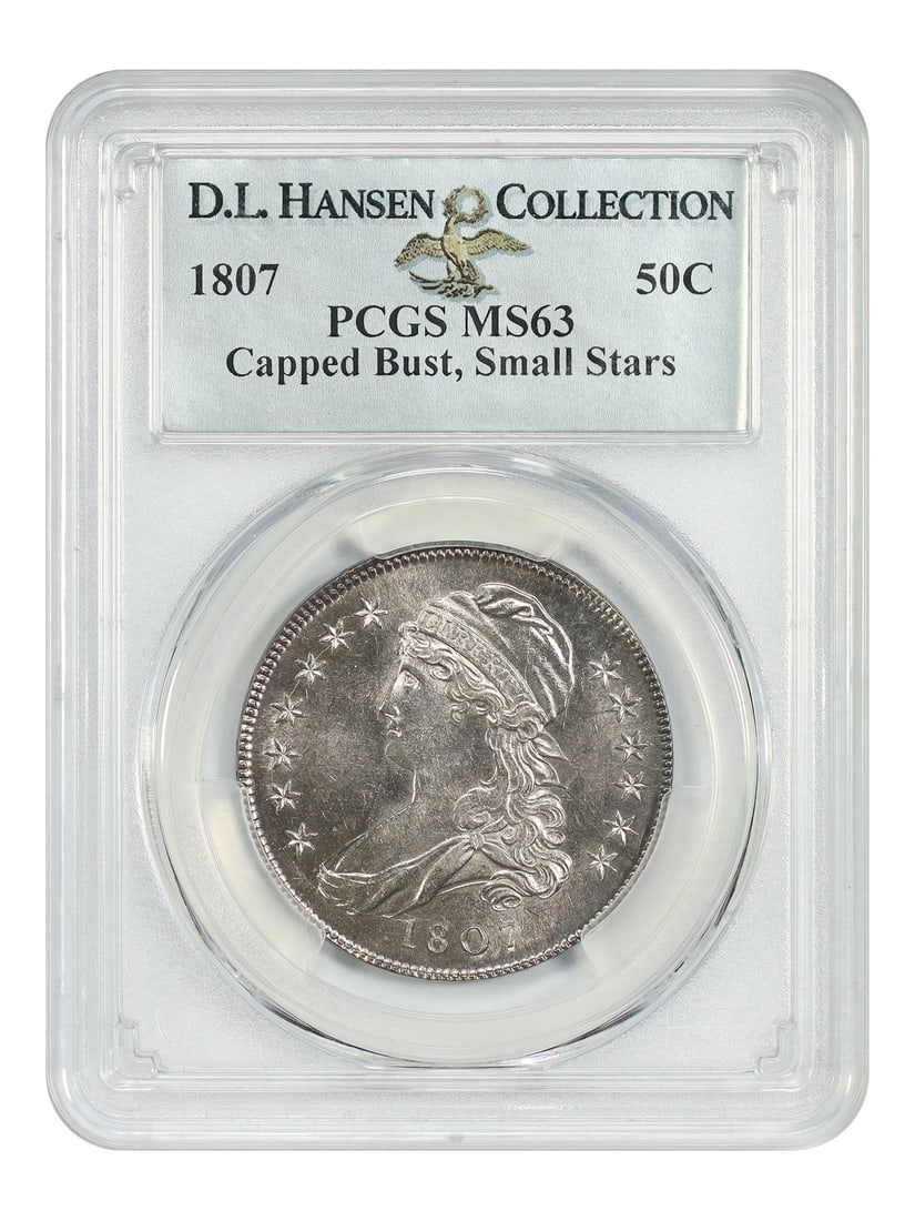 1807 50C Capped Bust PCGS MS63 (Small Stars) ex: D.L. Hansen: 1807 50C Capped Bust PCGS MS63 (Small Stars) ex: D.L. Hansen The 1807 50C Capped Bust coin features a striking design with its Capped Bust obverse and heraldic eagle reverse. Certified MS63 by PCGS, t