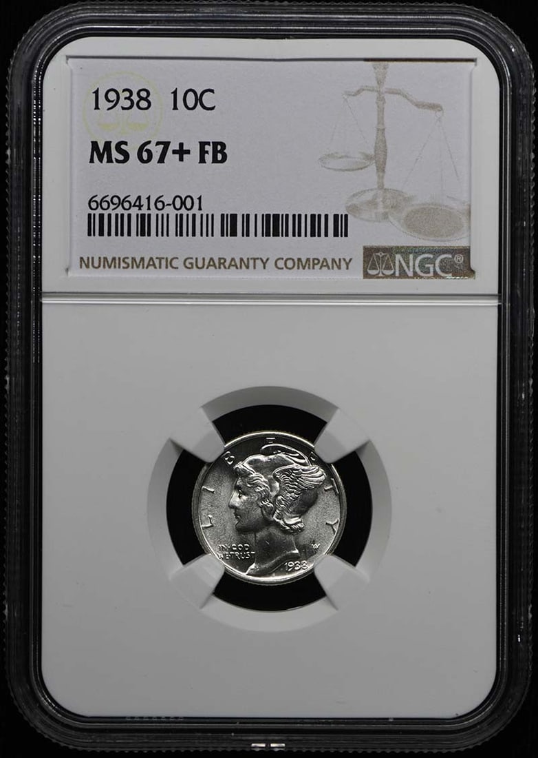 NGC MS67+FB Mercury Dime 10C 1938: NGC MS67+FB Mercury Dime 10C 1938 The NGC MS67+FB Mercury Dime 10C 1938 is an uncirculated coin featuring the iconic Mercury design, certified by the Numismatic Guaranty Corporation. This high-grade c