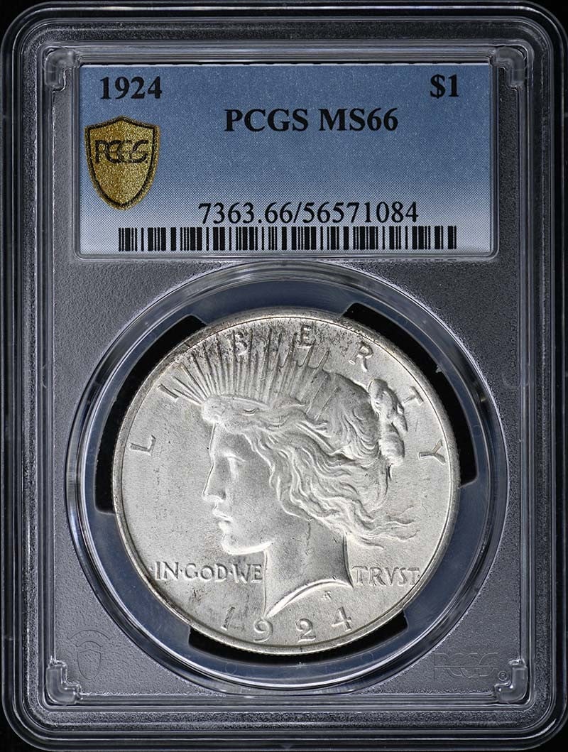 1924 $1 Peace Dollar PCGS MS66: 1924 $1 Peace Dollar PCGS MS66 The 1924 $1 Peace Dollar, graded MS66 by PCGS, showcases exceptional mint state condition. Certified as uncirculated, this coin boasts a high level of detail and luster,