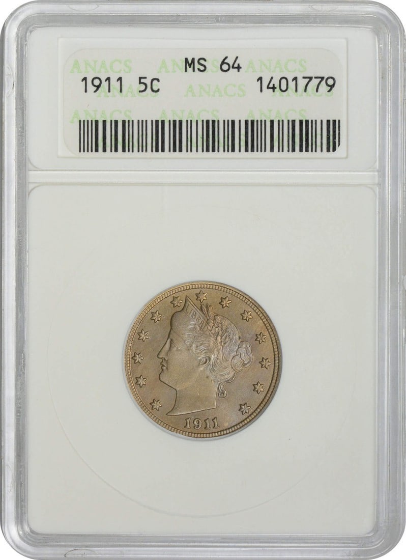 MS64 Liberty 1911 Nickel: MS64 Liberty 1911 Nickel MS64 Liberty 1911 Nickel features an uncirculated grade, showcasing its crisp details and well-preserved condition. Certified by ANACS, this nickel coin bears the hallmark of 