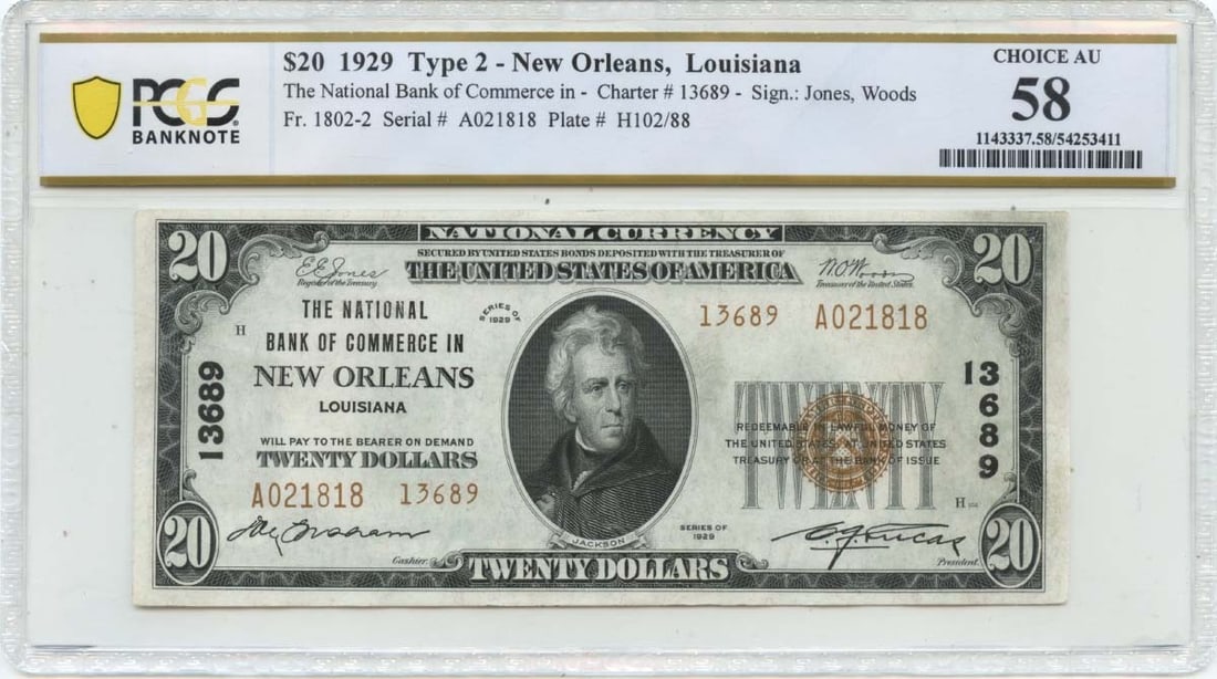 1929 $20 National FR#1802-2 NB Commerce New Orleans Louisiana CH#13689 PCGS AU58: 1929 $20 National FR#1802-2 NB Commerce New Orleans Louisiana CH#13689 PCGS AU58 1929 $20 National FR#1802-2 NB Commerce New Orleans Louisiana CH#13689 PCGS AU58. This circulated 1929 $20 bill feature