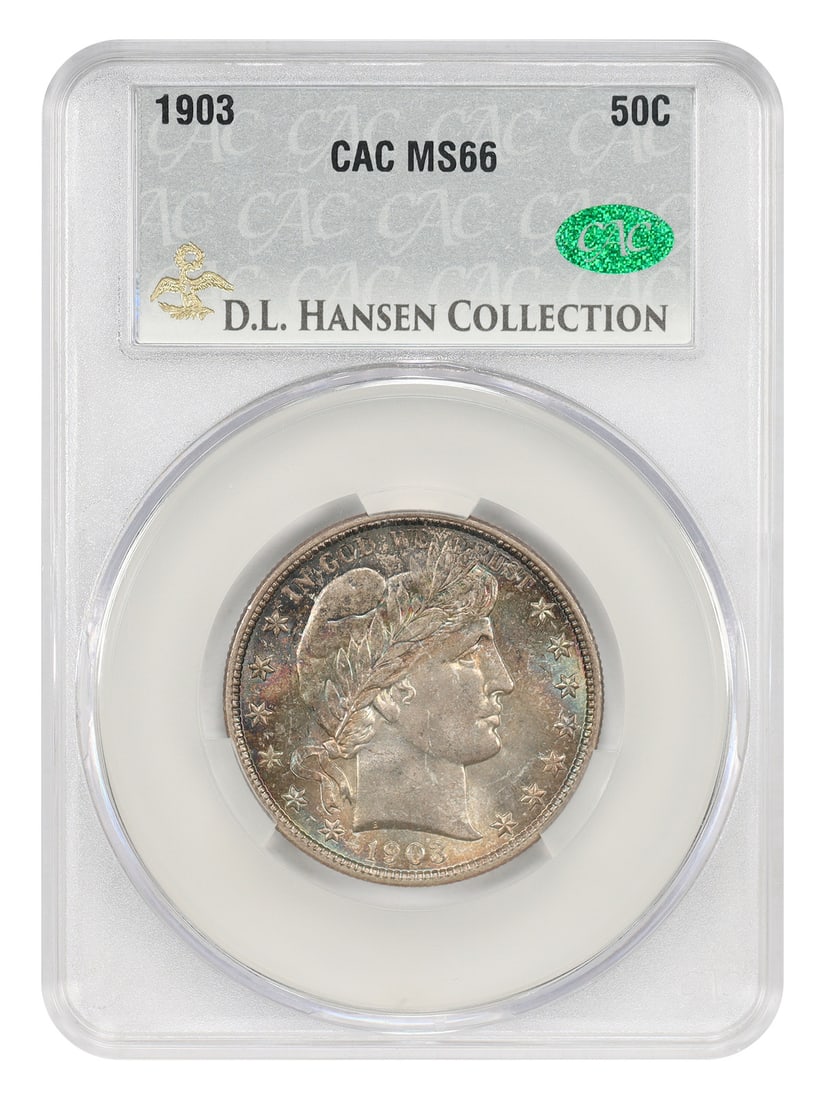 1903 50C CACG MS66: 1903 50C CACG MS66 The 1903 50C CACG MS66 coin boasts a striking appearance, with its Philadelphia mint mark and high-grade condition showcasing exceptional detail. Certified by the CACG, this uncircu