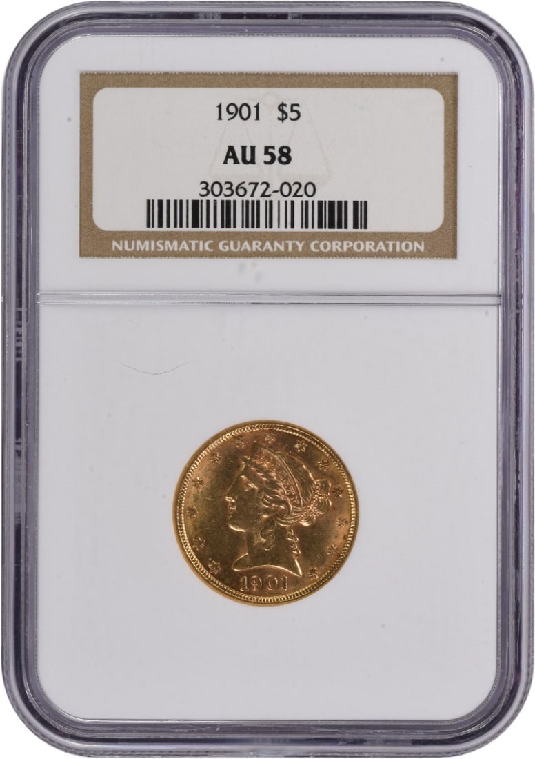 1901 $5 Gold Liberty Head AU58 NGC: 1901 $5 Gold Liberty Head AU58 NGC The 1901 $5 Gold Liberty Head AU58 NGC features a striking design by Christian Gobrecht, with its 90% gold and 10% copper composition making it a significant piece o