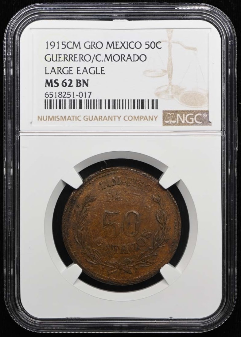 1915CM GRO MEXICO GUERRERO/ C.MORADO KM-656 GB-157 50C NGC MS62BN: 1915CM GRO MEXICO GUERRERO/ C.MORADO KM-656 GB-157 50C NGC MS62BN This 1915CM GRO Mexico Guerrero/C.Morado KM-656 GB-157 50C NGC MS62BN coin features a high grade of MS62, indicating excellent conditi