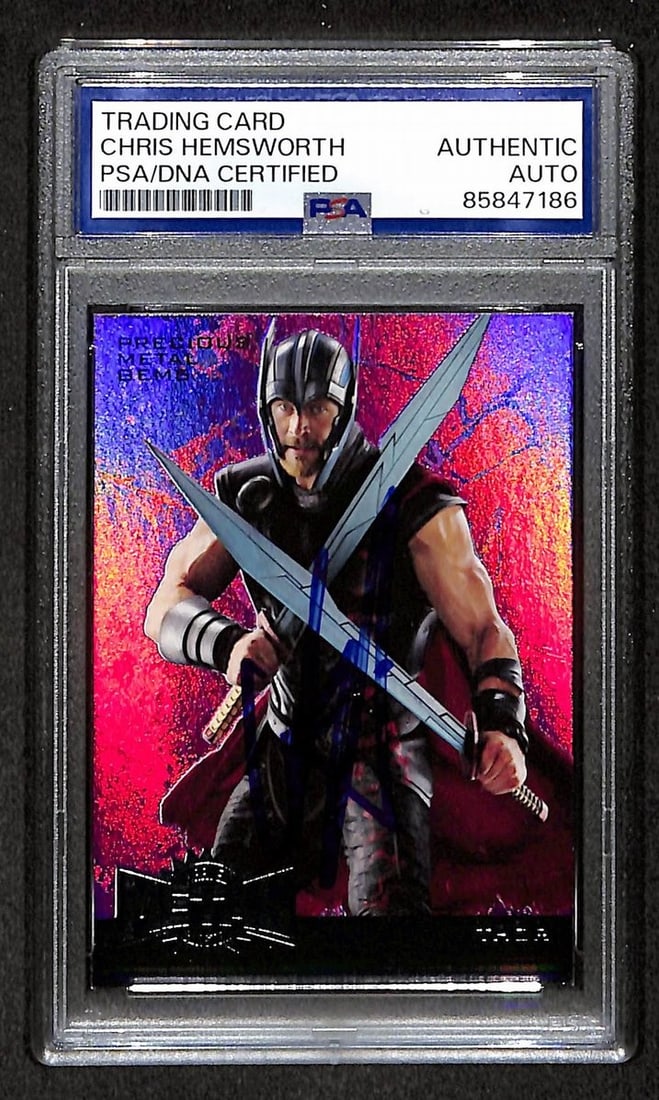 Chris Hemsworth Signed 2017 Upper Deck Marvel Precious Metals Card PSA/ DNA 10860: Chris Hemsworth Signed 2017 Upper Deck Marvel Precious Metals Card PSA/ DNA 10860 Signed by Chris Hemsworth, this 2017 Upper Deck Marvel Precious Metals Card has been authenticated and verified throug